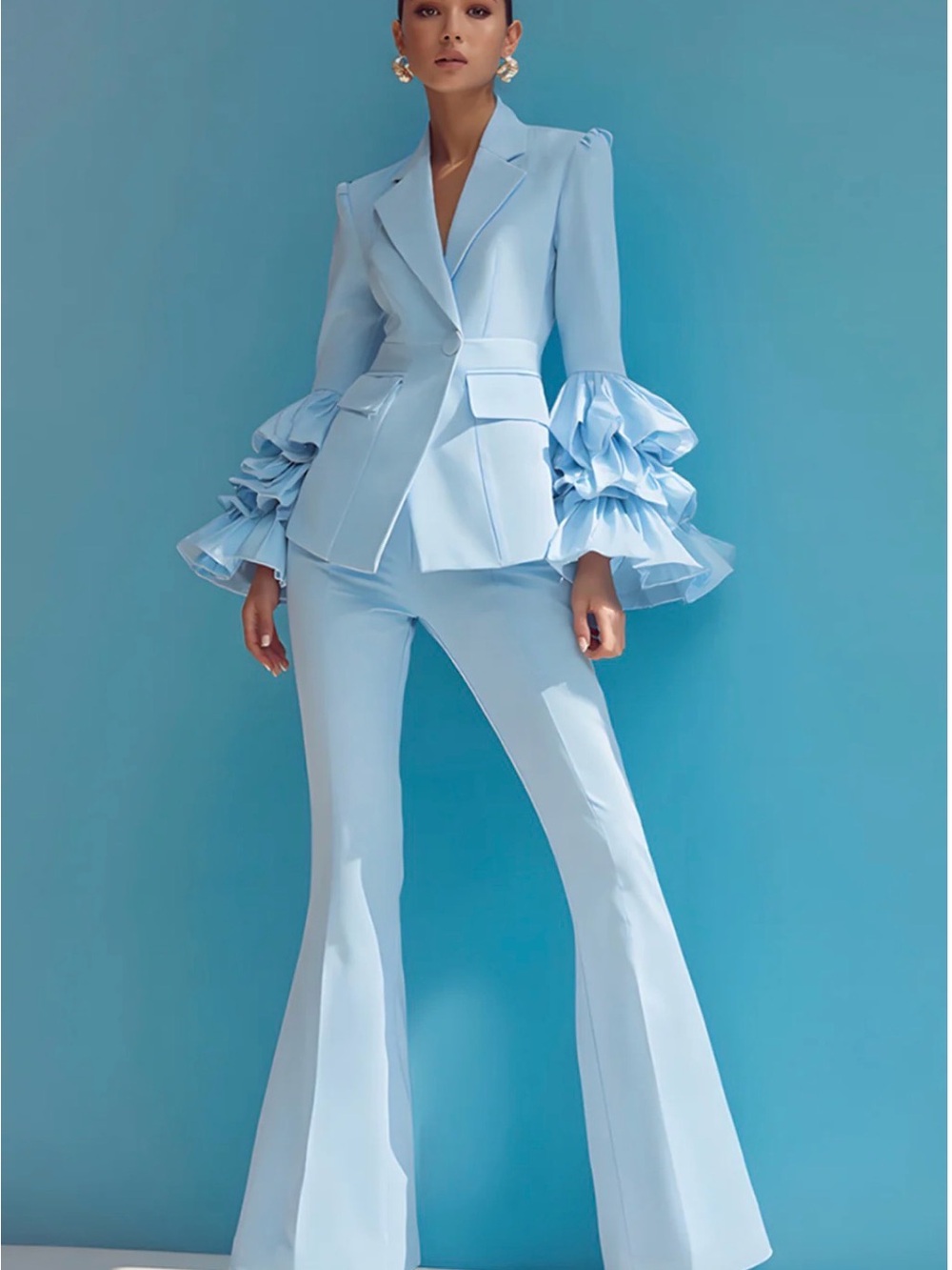 Women’s Light Blue Tailored Blazer & Flared Pants Set